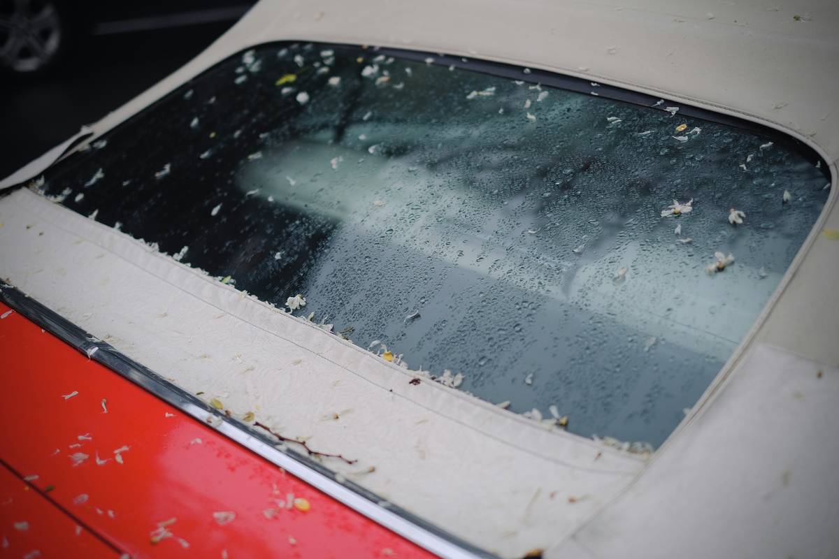 Hail damage on a car roof showing dents and scratches